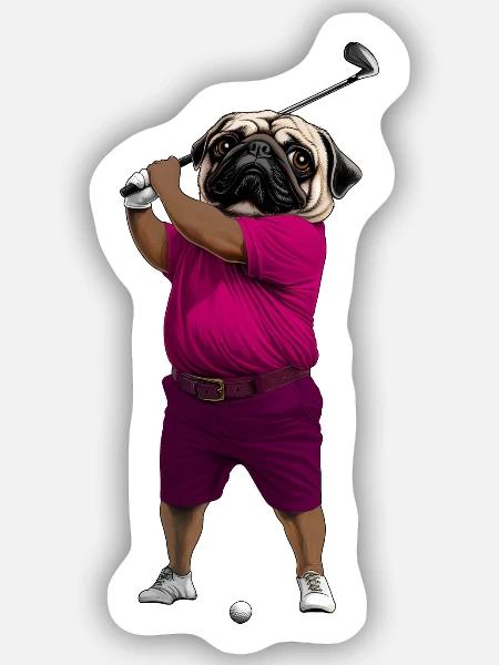 Hund Mops Golf - Sticker Größe S (10 x 10 cm) - Mattweiß