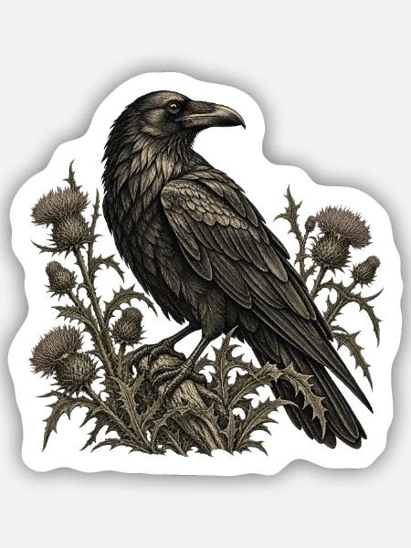 Rabe & Disteln – Dunkle Naturgravur - Sticker Größe S (10 x 10 cm) - Mattweiß