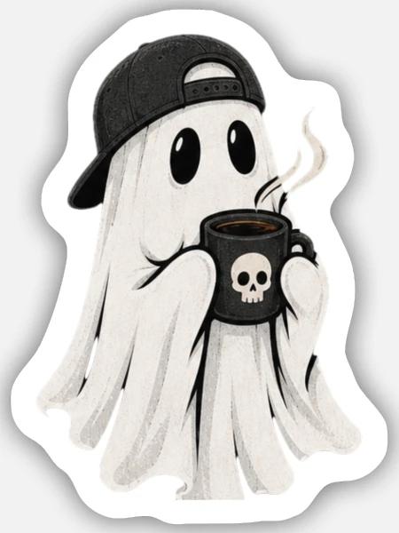 Geisterkaffee Ghost mit Cap - Sticker Größe S (10 x 10 cm) - Mattweiß