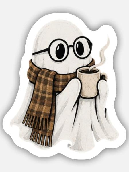 Kaffeegeist mit Brille und Schal - Sticker Größe S (10 x 10 cm) - Mattweiß