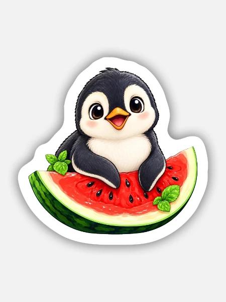 Süßer Cartoon Pinguin Melone Sommer - Sticker Größe S (10 x 10 cm) - Mattweiß