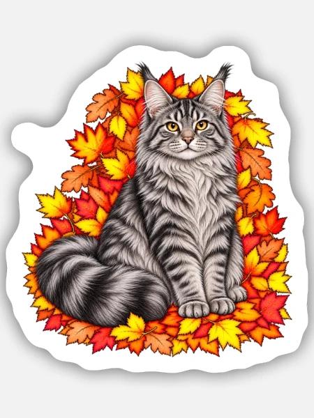 Herbstkatze auf Blätterkranz - Sticker Größe S (10 x 10 cm) - Mattweiß