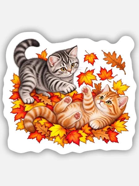 Herbstkätzchen im Herbstlaub - Sticker Größe S (10 x 10 cm) - Mattweiß