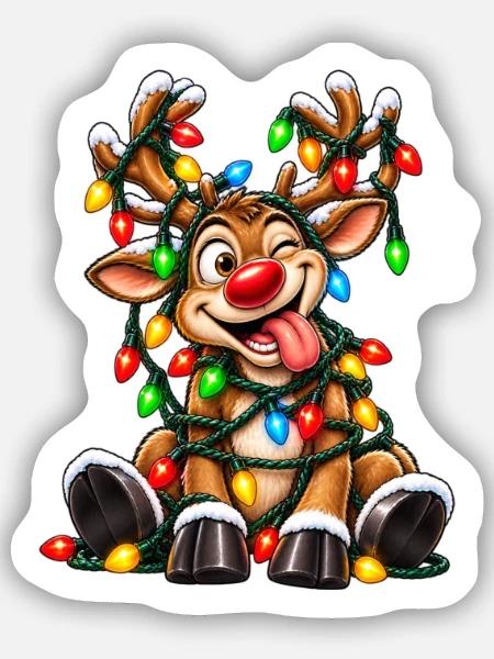 Tanzendes Rentier mit Lichterketten - Sticker Größe S (10 x 10 cm) - Mattweiß