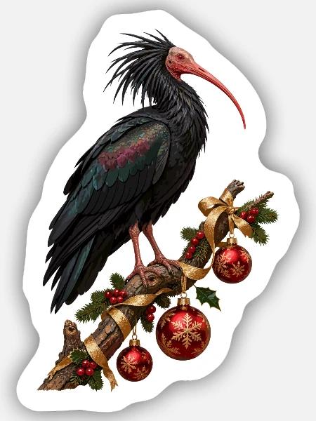 Waldrapp mit rubinroten Weihnachtskugeln - Sticker Größe S (10 x 10 cm) - Mattweiß