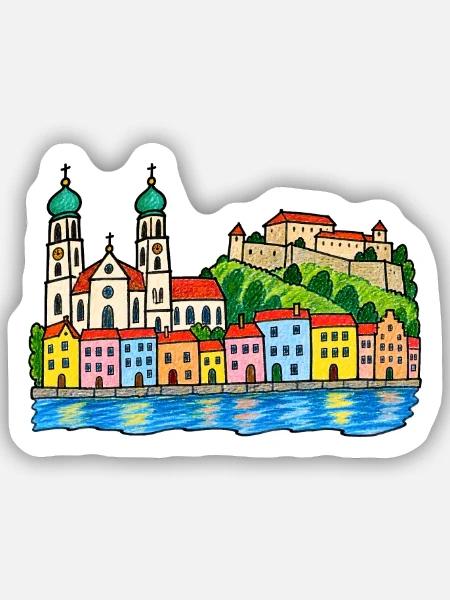 Passau Skyline im bunten Wachsmalstil - Sticker Größe S (10 x 10 cm) - Mattweiß