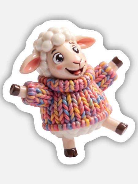 Lämmchen im bunten Strickpullover - Sticker Größe S (10 x 10 cm) - Mattweiß
