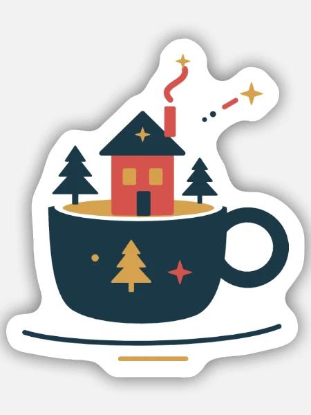 Waldhütte im Kakaobecher – gemütlicher Winter - Sticker Größe S (10 x 10 cm) - Mattweiß