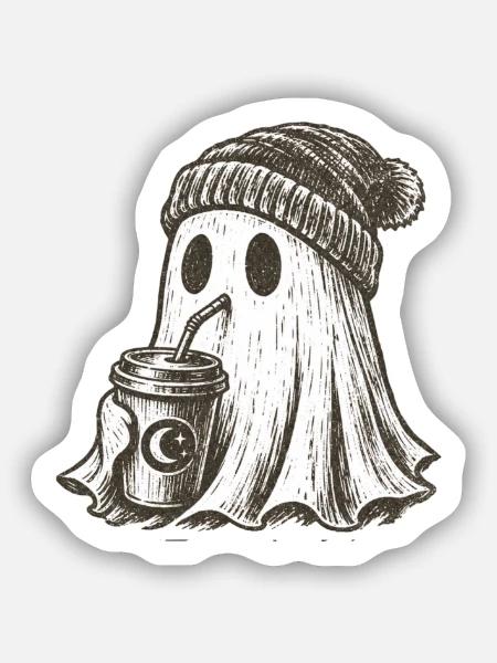 Kuscheliger Geist mit Kaffeebecher - Sticker Größe S (10 x 10 cm) - Mattweiß