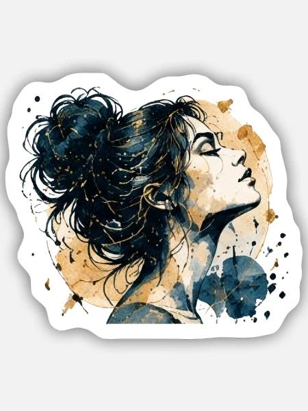 Frauenporträt in Blau und Gold – Aquarell - Sticker Größe S (10 x 10 cm) - Mattweiß