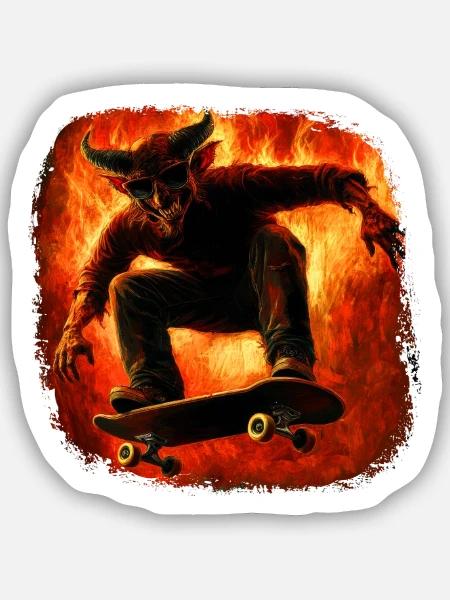 Teufel Skater Hölle Feuer - Sticker Größe S (10 x 10 cm) - Mattweiß