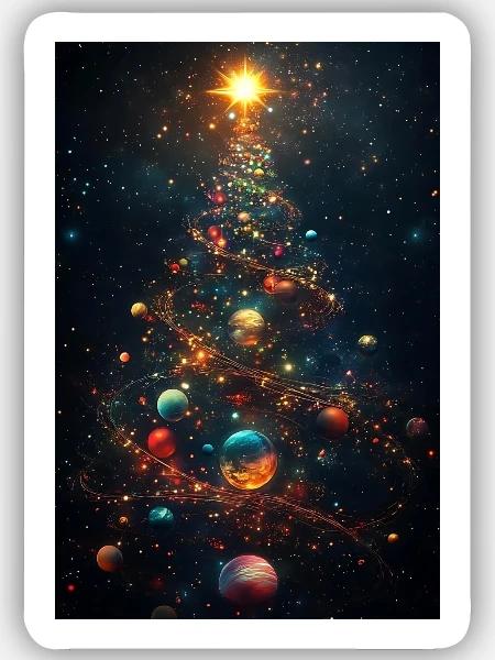 Kosmischer Weihnachtsbaum mit Planetenschmuck - Sticker Größe S (10 x 10 cm) - Mattweiß