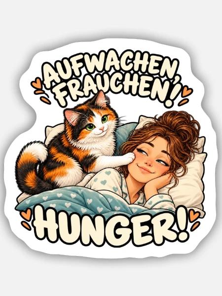 Aufwachen Frauchen Hunger Katze - Sticker Größe S (10 x 10 cm) - Mattweiß