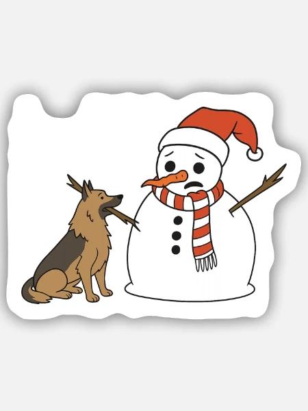 Schäferhund klaut Schneemann den Stockarm - Sticker Größe S (10 x 10 cm) - Mattweiß
