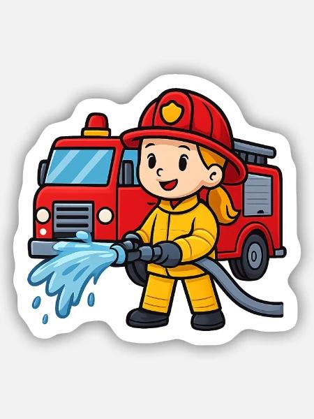 Feuerwehrmädchen mit Löschfahrzeug - Sticker Größe S (10 x 10 cm) - Mattweiß