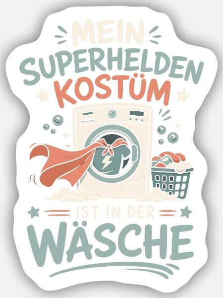 Superhelden Kostüm in der Wäsche - Sticker Größe S (10 x 10 cm) - Mattweiß