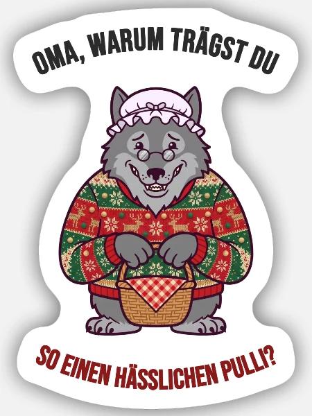 Hässlicher Weihnachtspullover – Wolf & Oma - Sticker Größe S (10 x 10 cm) - Mattweiß