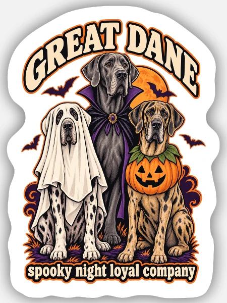 Spooky Night Loyal Company – Deutsche Dogge Halloween - Sticker Größe S (10 x 10 cm) - Mattweiß