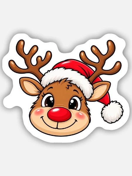 Niedlicher Weihnachtselch mit Weihnachtsmütze - Sticker Größe S (10 x 10 cm) - Mattweiß