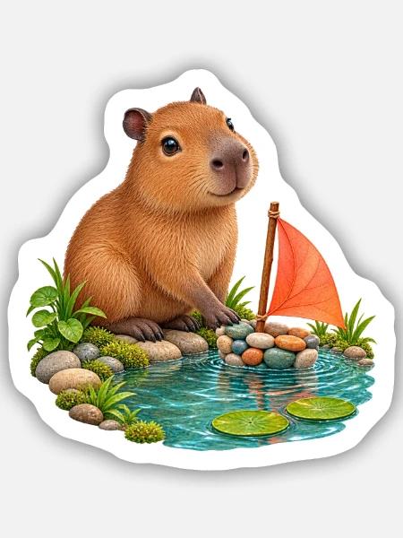 Kleines Capybara am Kieselboot - Sticker Größe S (10 x 10 cm) - Mattweiß