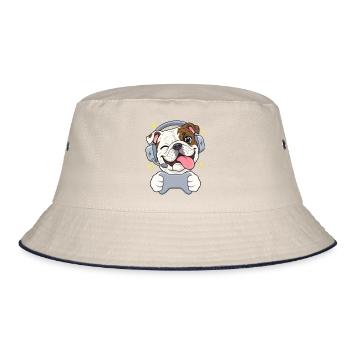 Gaming Englische Bulldogge Headset und Controller - Bucket Hat - Natur/Navy - Vorne