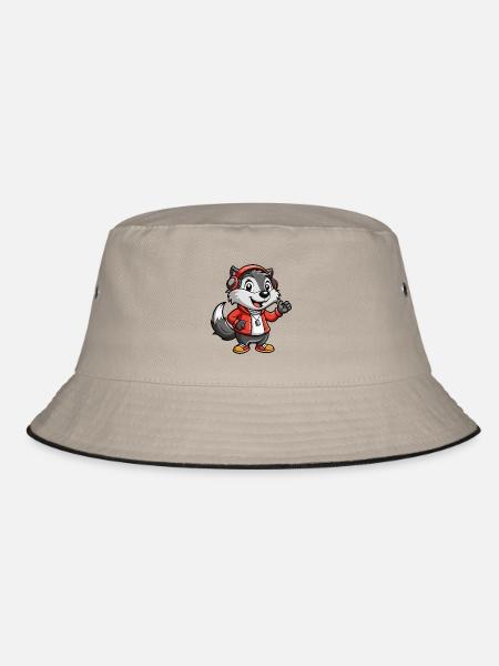 Dachs Lustige Zeichentrickfigur Kopfhörer Musik - Bucket Hat - Khaki/Schwarz - Vorne