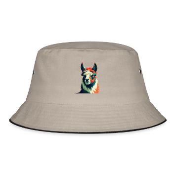 Lama Zeichentrickfigur Buntes Haustier Tier - Bucket Hat - Khaki/Schwarz - Vorne