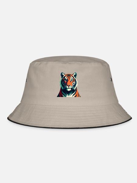Tiger Cartoon Figur Buntes Haustier Tier - Bucket Hat - Khaki/Schwarz - Vorne