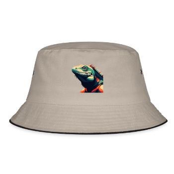 Leguan Cartoon Figur Buntes Haustier Tier - Bucket Hat - Khaki/Schwarz - Vorne