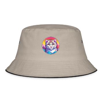 Schneeleopard Katze Bunte Karikatur Aquarell Illus - Bucket Hat - Khaki/Schwarz - Vorne
