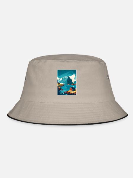 Lofoten Norwegisches Vintage-Reiseposter - Bucket Hat - Khaki/Schwarz