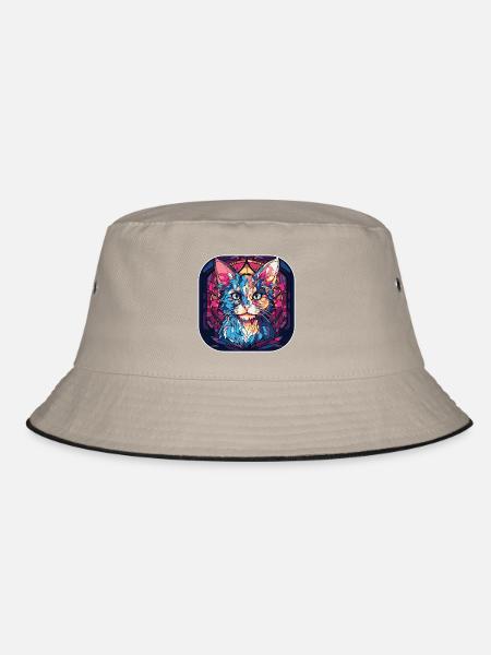 Buntes Aquarellgemälde der LaPerm-Katzenrasse - Bucket Hat - Khaki/Schwarz