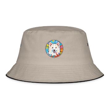 Amerikanische Eskimo-Hunderasse Aquarell-Illustration - Bucket Hat - Khaki/Schwarz - Vorne