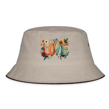Rustikales Blumen-LOVE - Bucket Hat - Khaki/Schwarz - Vorne