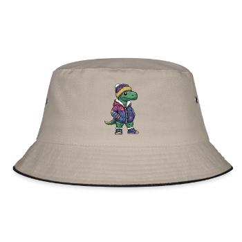Dinosaurier mit Winterjacke und Mütze - Bucket Hat - Khaki/Schwarz - Vorne
