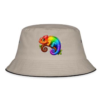 Kawaii Chamäleon Regenbogen Bunt T-Shirt - Bucket Hat - Khaki/Schwarz - Vorne