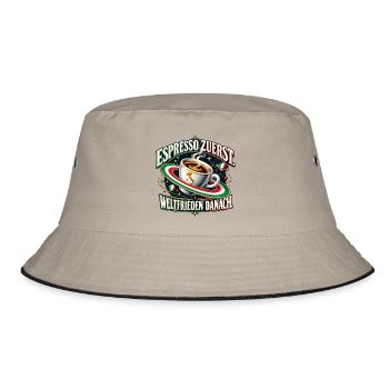 Espresso zuerst. Weltfrieden danach. - Bucket Hat - Khaki/Schwarz - Vorne