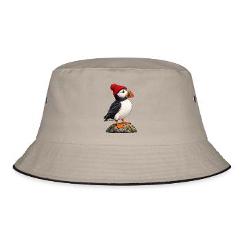 Papageitaucher mit roter Bobble-Mütze - Bucket Hat - Khaki/Schwarz - Vorne