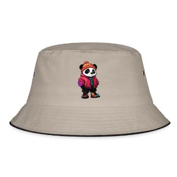 Panda mit Winterjacke und Mütze - Bucket Hat - Khaki/Schwarz - Vorne