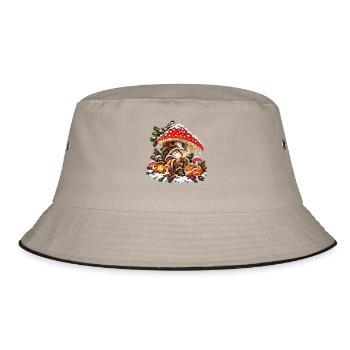Weihnachtswald-Gnom-Fuchs- und Pilzdesign - Bucket Hat - Khaki/Schwarz - Vorne