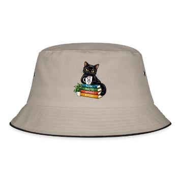 Nerdy Katze mit Kaffee und Büchern - Bucket Hat - Khaki/Schwarz - Vorne