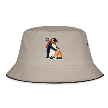 Pinguin mit Schal am Lagerfeuer - Bucket Hat - Khaki/Schwarz - Vorne