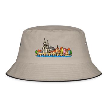 Regensburg Skyline im bunten Wachsmalstil - Bucket Hat - Khaki/Schwarz - Vorne