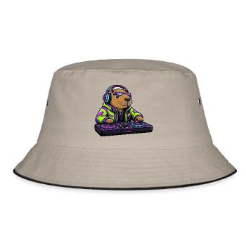 Cyberpunk-DJ Capybara Toy - Bucket Hat - Khaki/Schwarz - Vorne
