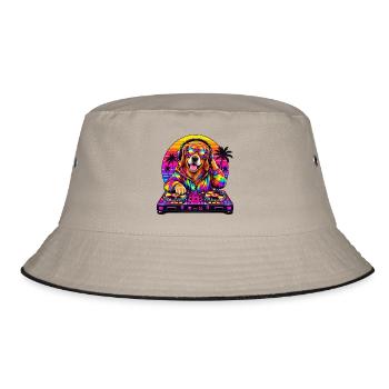 Neon-DJ-Hund in Sunset Palms - Bucket Hat - Khaki/Schwarz - Vorne