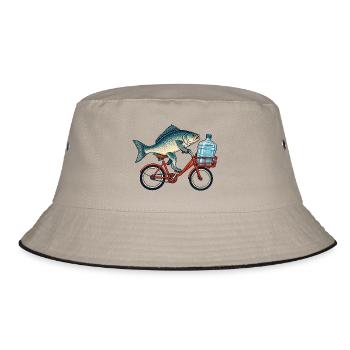 Fisch auf Fahrrad mit Wasserflasche - Bucket Hat - Khaki/Schwarz - Vorne