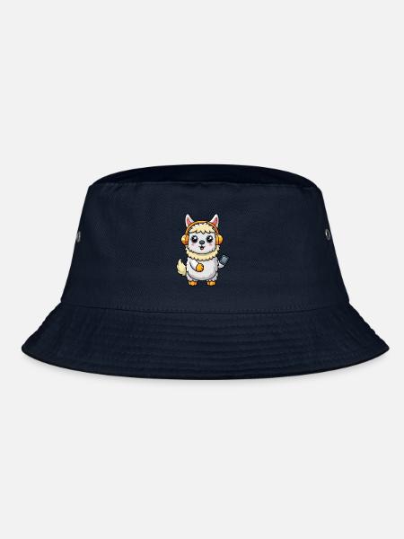 Alpaka Lustige Zeichentrickfigur Kopfhörer Musik - Bucket Hat - Navy - Vorne