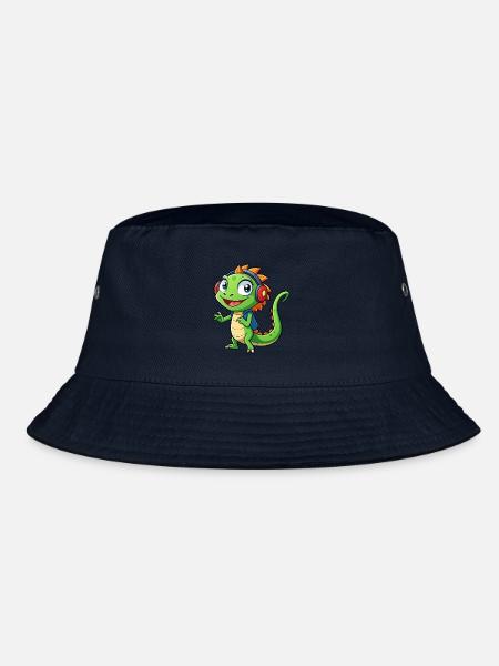 Eidechse Lustige Zeichentrickfigur Kopfhörer Musik - Bucket Hat - Navy - Vorne