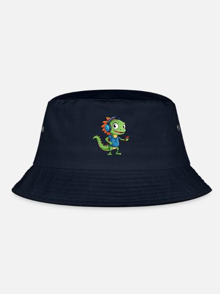 Eidechse Lustige Zeichentrickfigur Kopfhörer Musik - Bucket Hat - Navy - Vorne