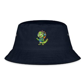 Leguan Lustige Zeichentrickfigur Kopfhörer Musik - Bucket Hat - Navy - Vorne